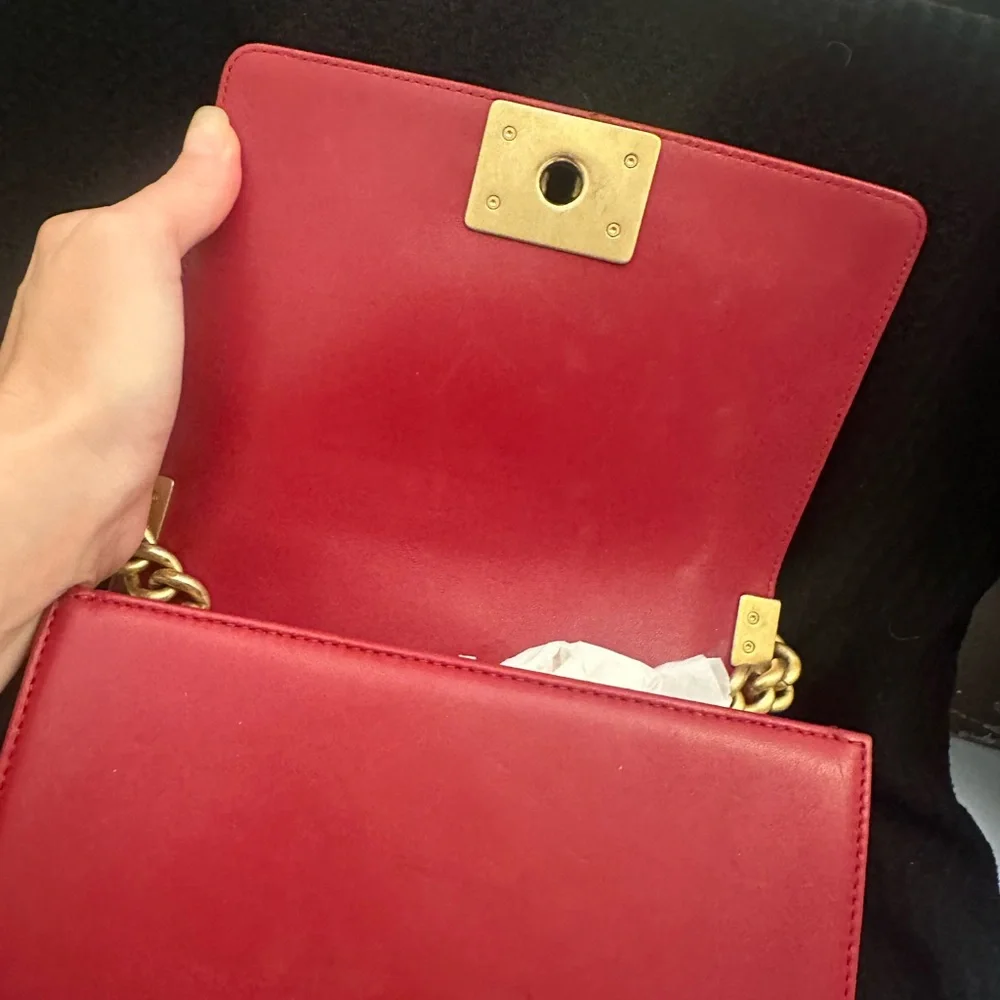 CHANEL Red Quilted Boy Flap Bag with Gold Chain and Hardware